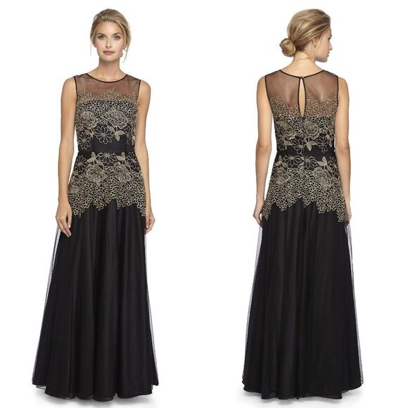 New! TAHARI ASL Women's Floral Embroidered Illusion Gown Black Gold Sleeveless - Picture 3 of 7